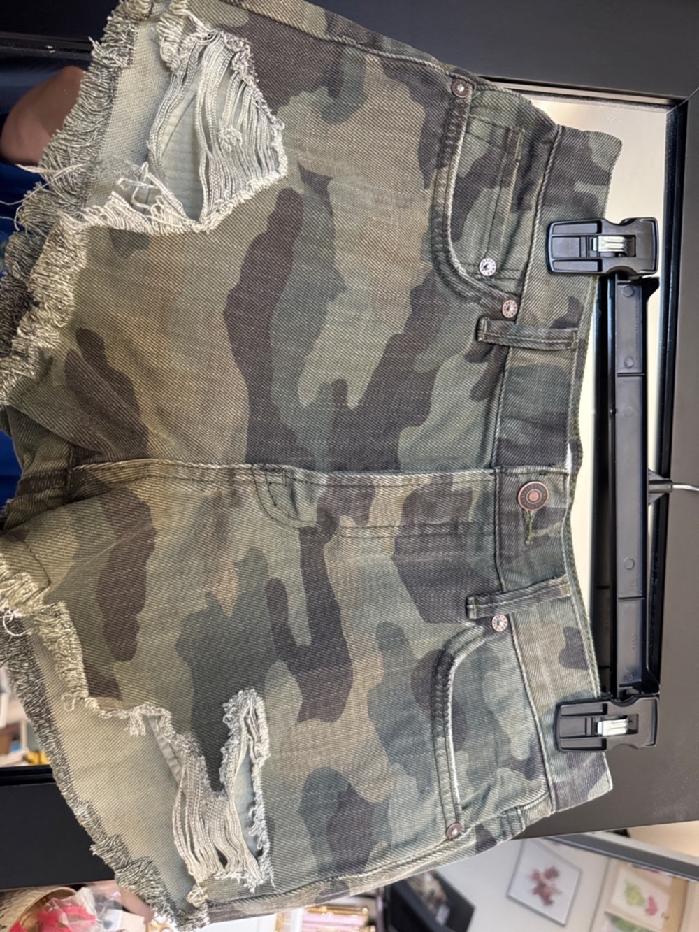 We The Free Camouflage Distressed Denim Shorts in Green